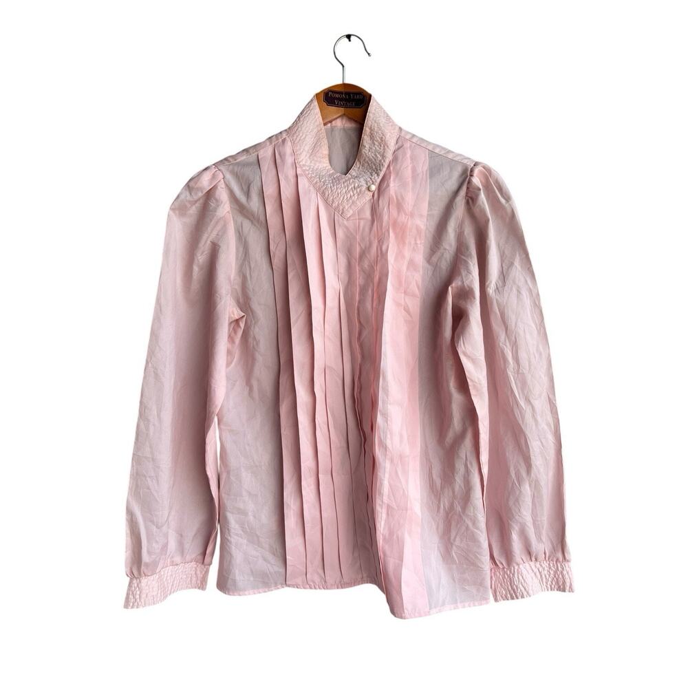 Vintage Women's LARGE Career Blouse 80s Pleated Long Sleeve Button Up Satin Pink - Picture 5 of 5